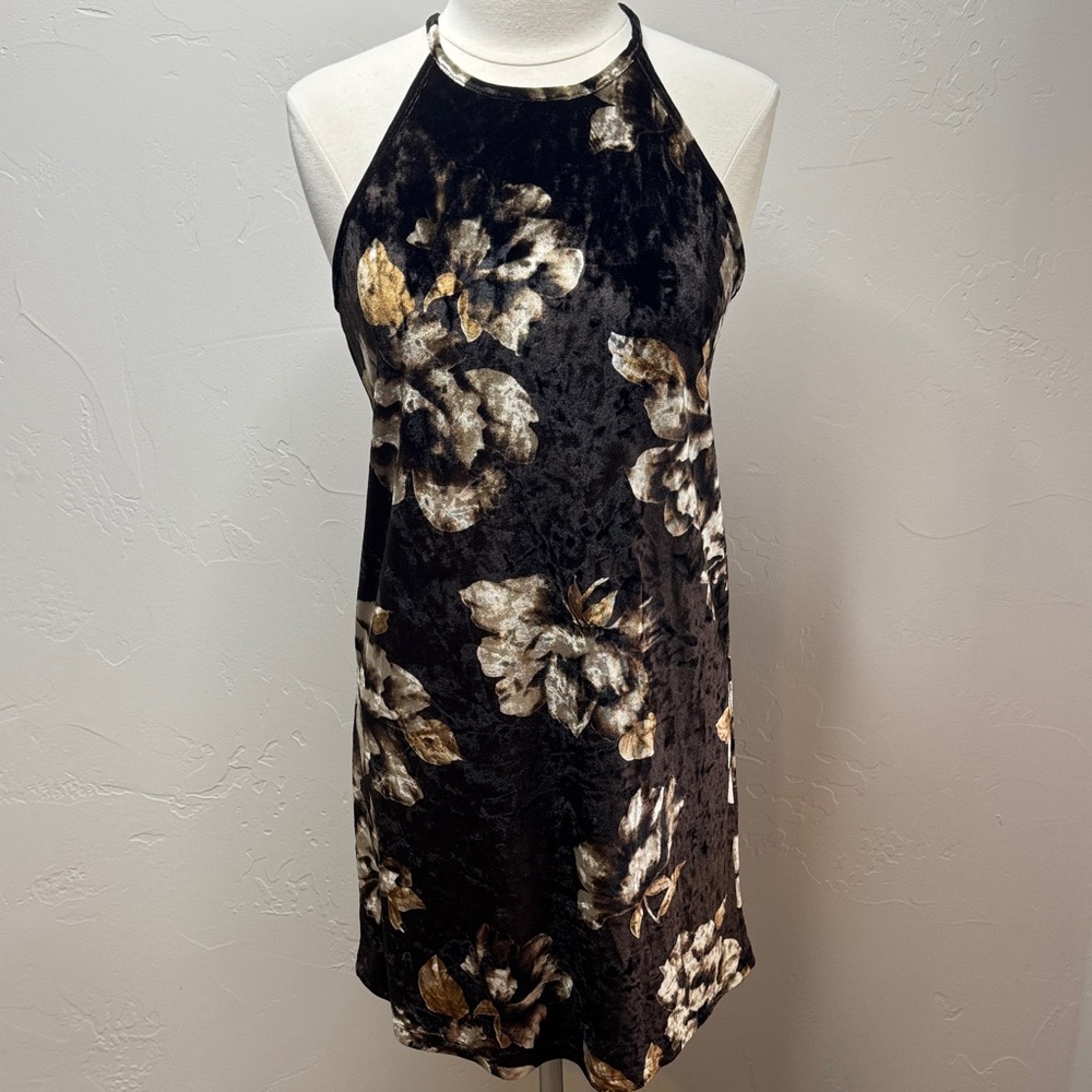 entro Brown and Tan Soft Floral Halter Dress Wrinkle Resistant